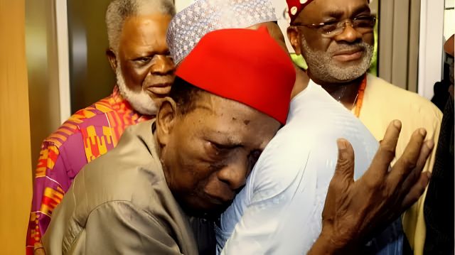 An elderly couple embracing in trust